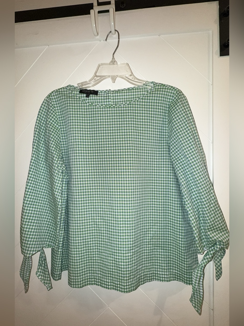 Lafayette 148 New York Margarita Ithaca Gingham Mini Check green blue Blouse Med - Picture 5 of 9